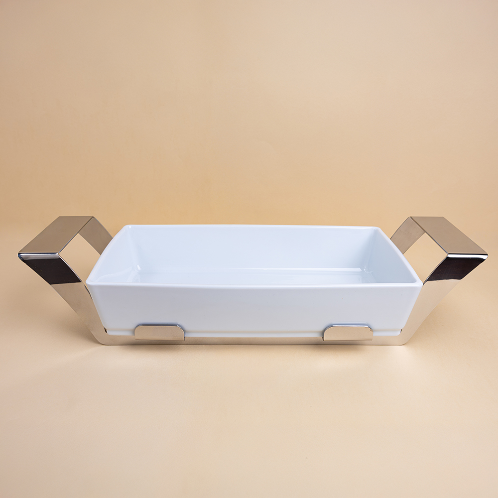 Rectangular dish cm 33x19 h 6,8 with stainless steel holder cm 45x19 h. 10