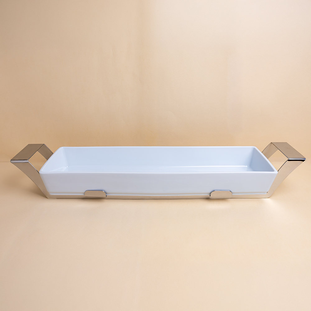 Rectangular dish cm 54x17 h6 with stainless steel holder cm 67x17 h. 10