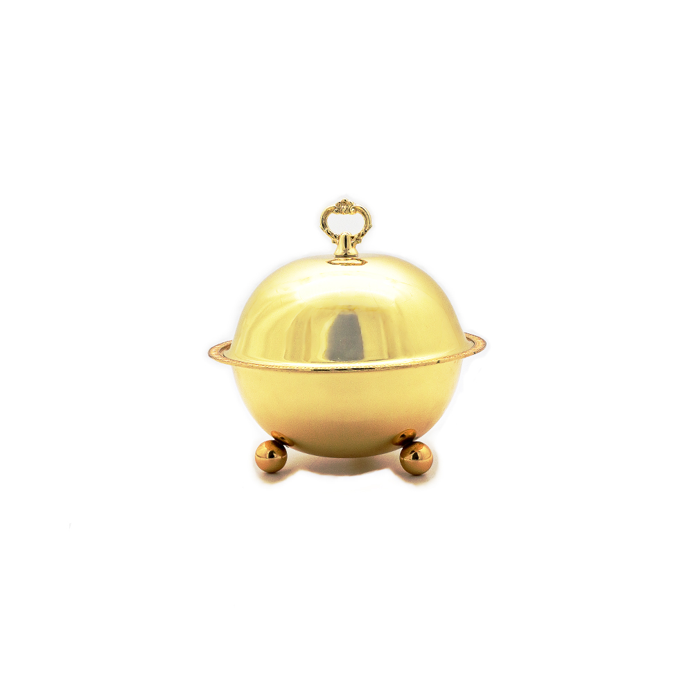 Gold Round Bowl With Bead Feet & Cover
