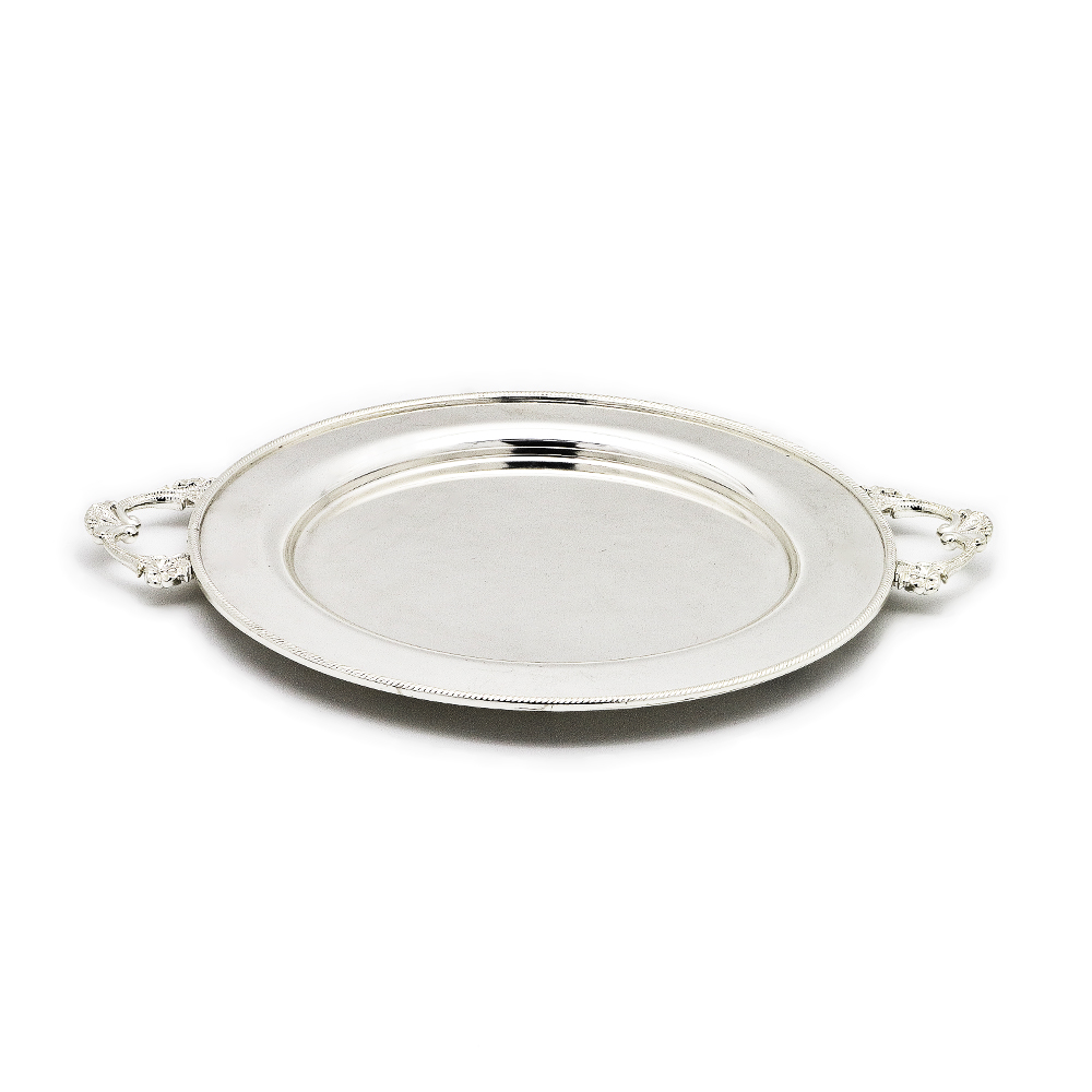 Silver Plated Metal Round Tray with Handles