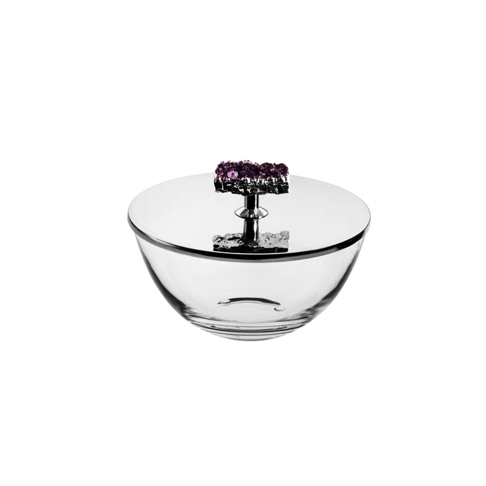 Glass Bowl with Stainless Steel Lid with Druzy Stone