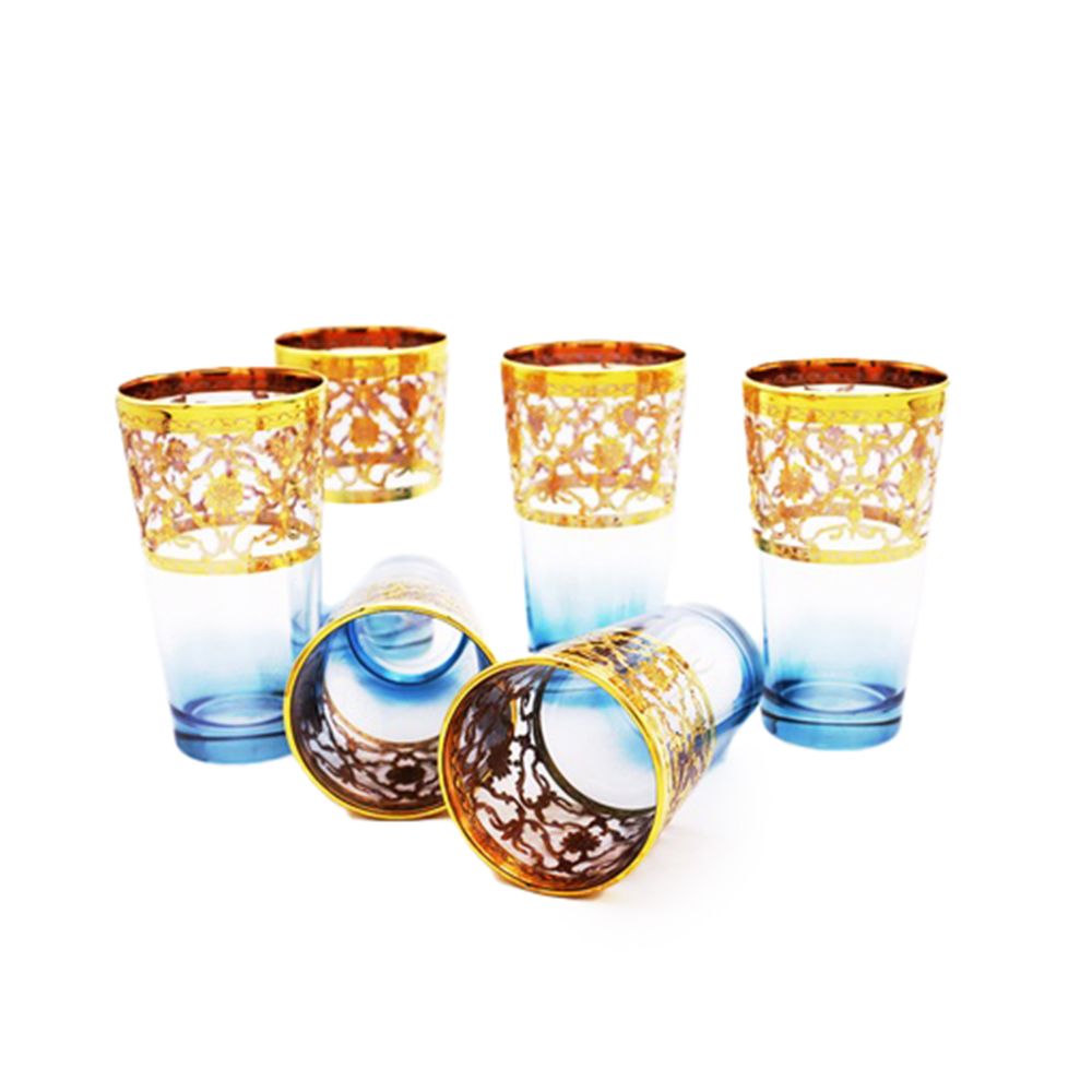 طقم أكواب ذهبي قاعدة أزرق - 6 قطع