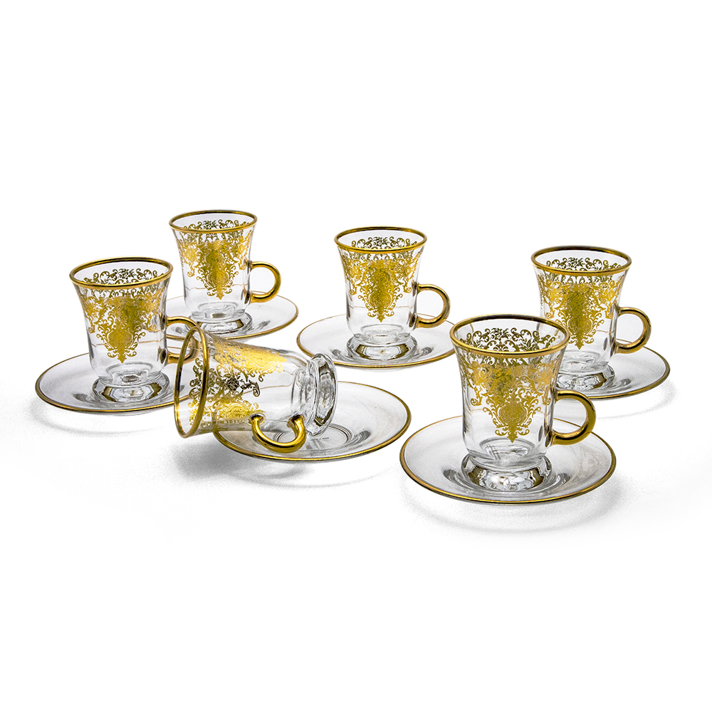 طقم فناجين شاي زجاجي منقوش ذهبي - 12 قطعة