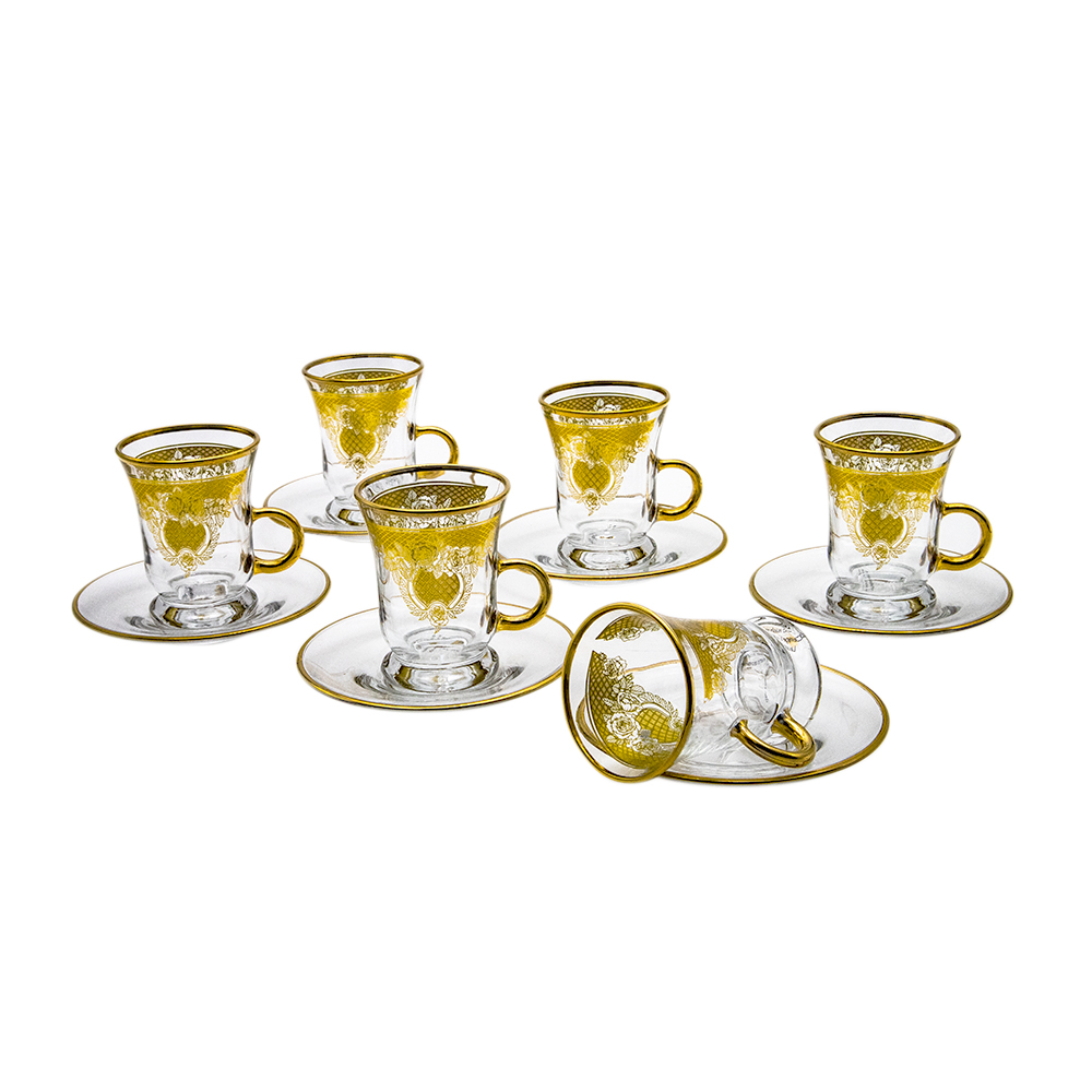طقم فناجين شاي زجاجي ذهبي - 12 قطعة