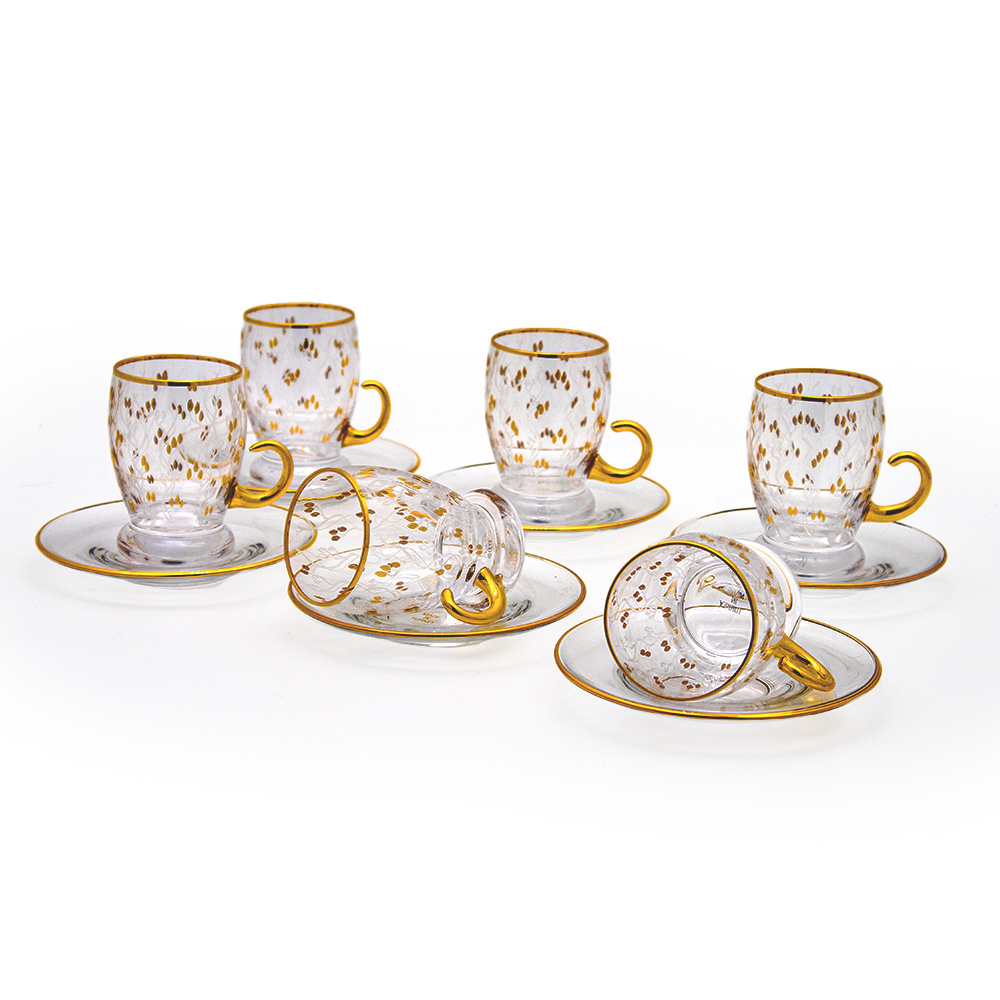 Gold Leaves Tea Cup Glass Handle Set - 12pcs