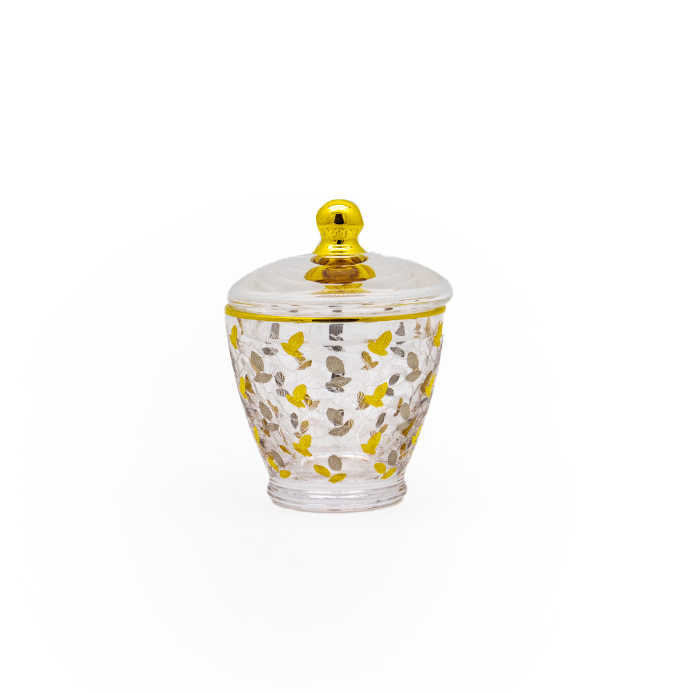 وعاء سكر زجاج مصنوع يدوياً بنقوش - فضي وذهبي