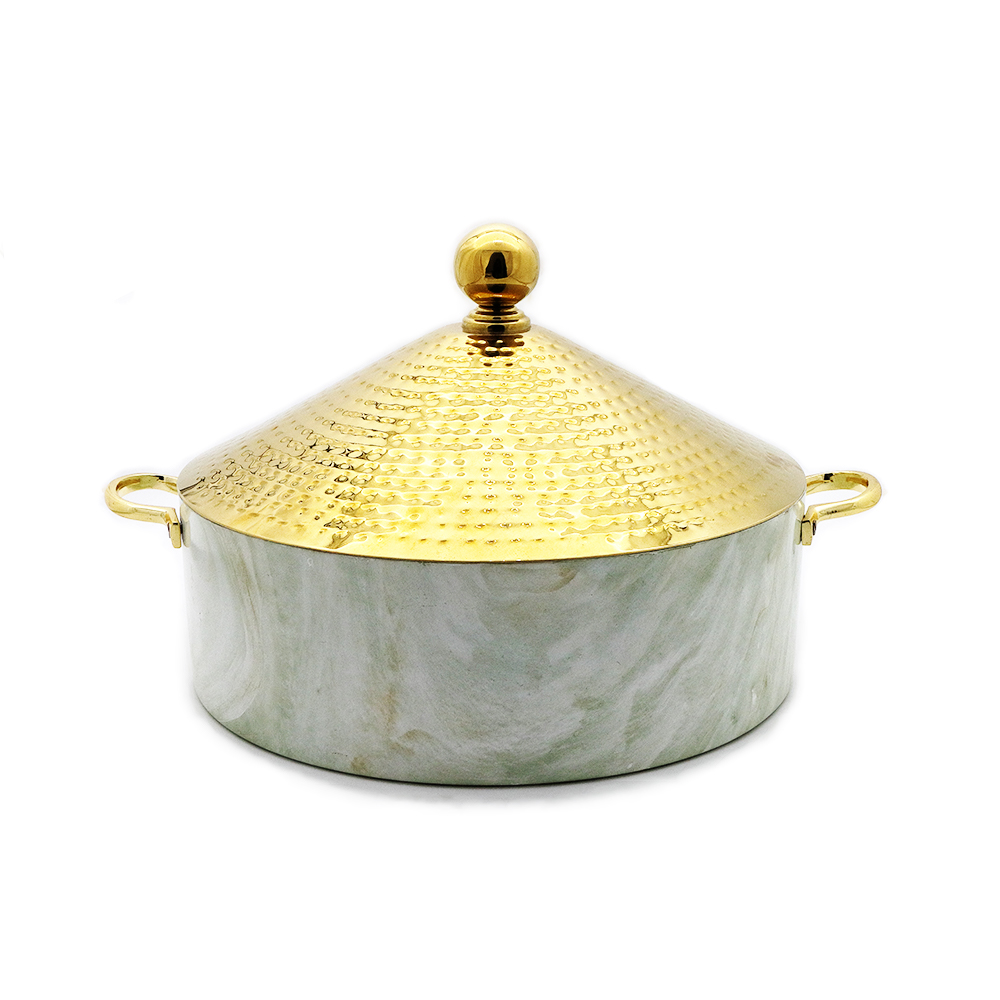 Conical Hot Pot Gold Hammered & Green Marble - 36cm
