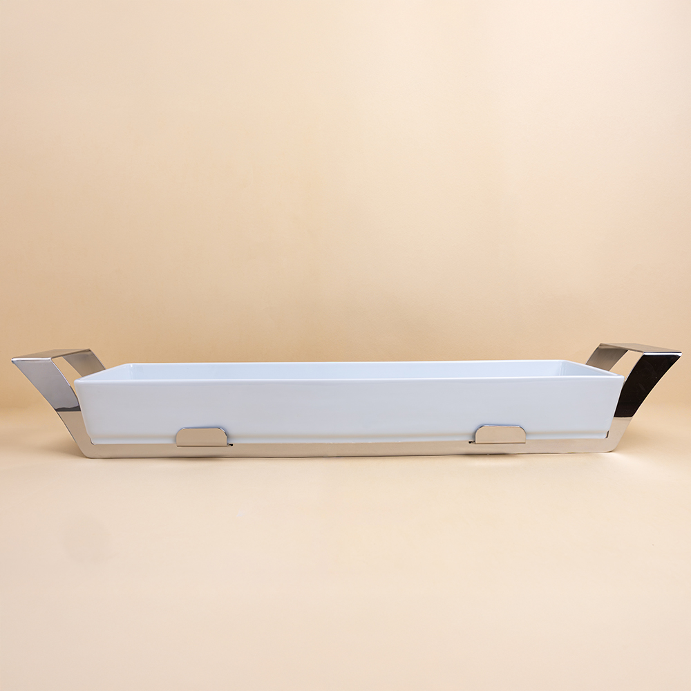 Porcelain Serving Dish with Stainless Steel Holder - 54x17cm