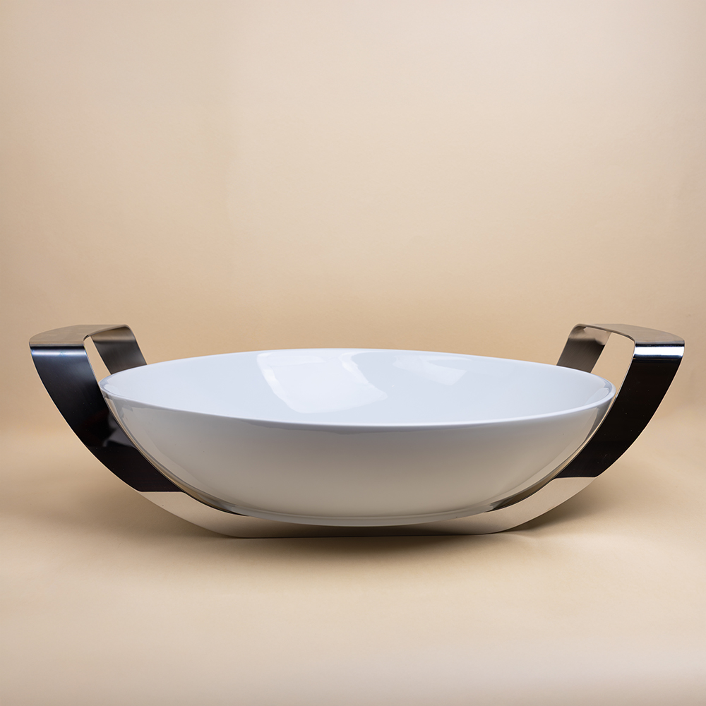 Round Porcelain Serving Dish with Stainless Steel Holder -  37x45cm