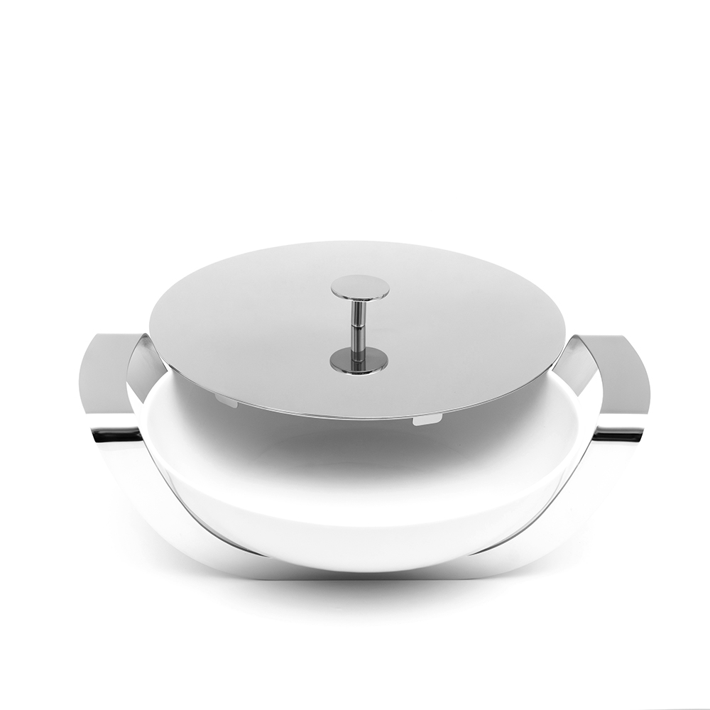 Round Porcelain Dish with Stainless Steel Holder and Lid - 37 cm 45X37 H. 12,5