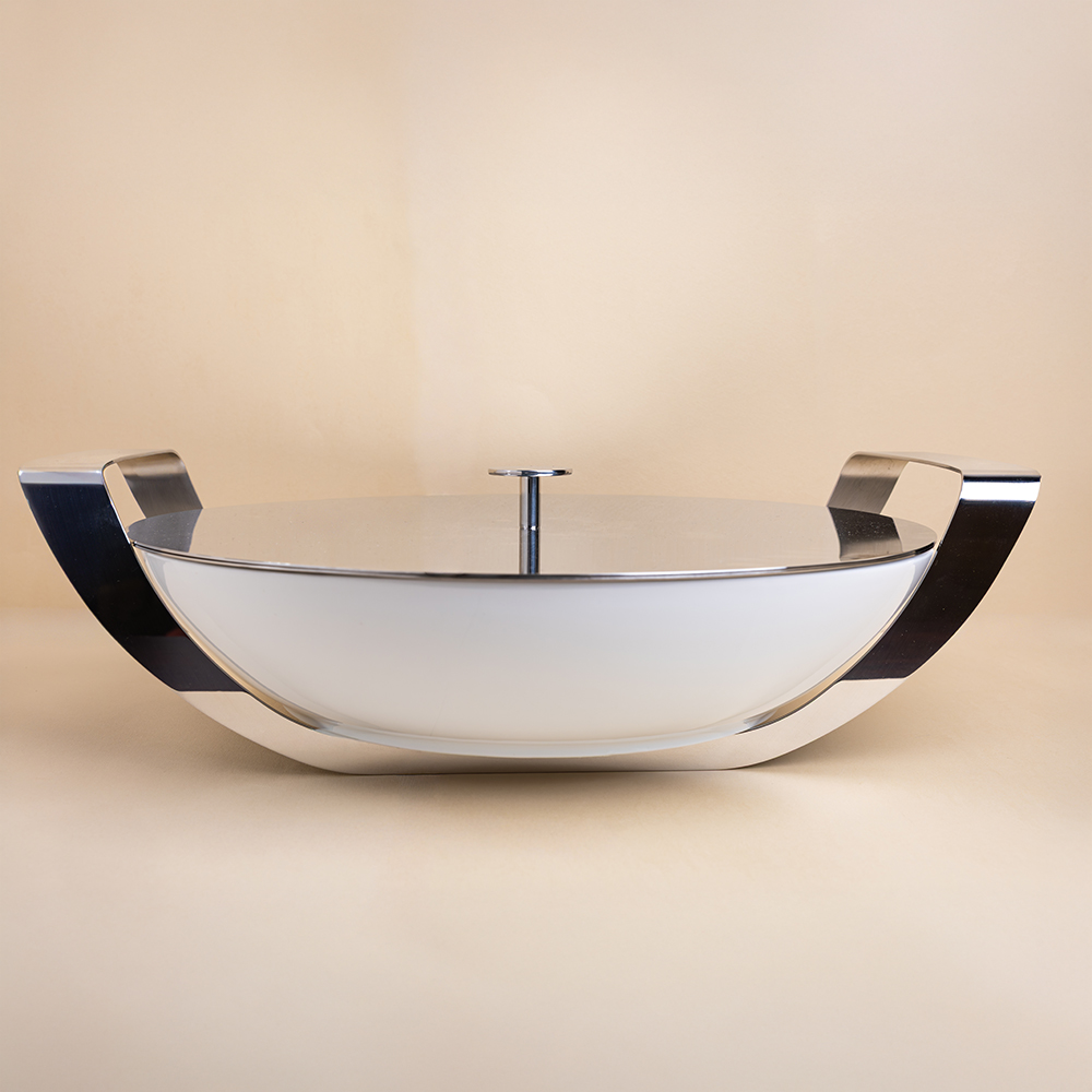 Round Porcelain Serving Dish with Lid and Stainless Steel Holder -  37x45cm