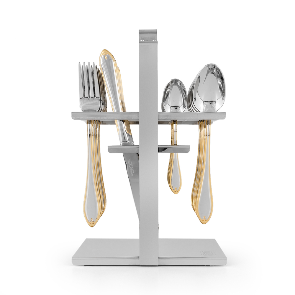 طقم ملاعق بنقشة ورده ذهبي ناعمة مع حامل - 24 قطعة