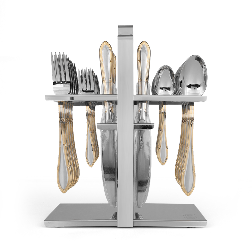 Gold Lines PVC Cutlery Set with Stand - 30pcs