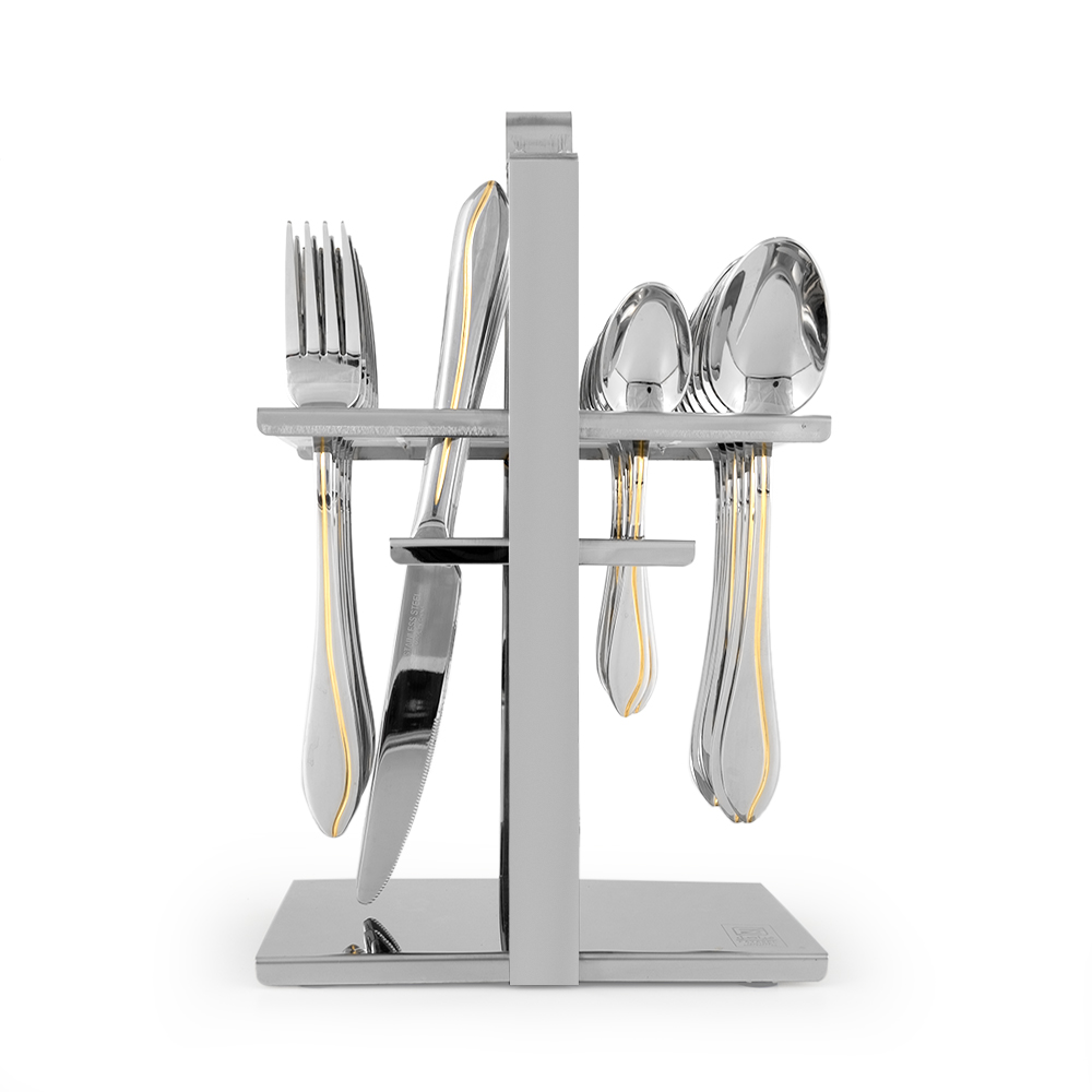 Gold Lines PVC Cutlery Set with Stand - 24pcs
