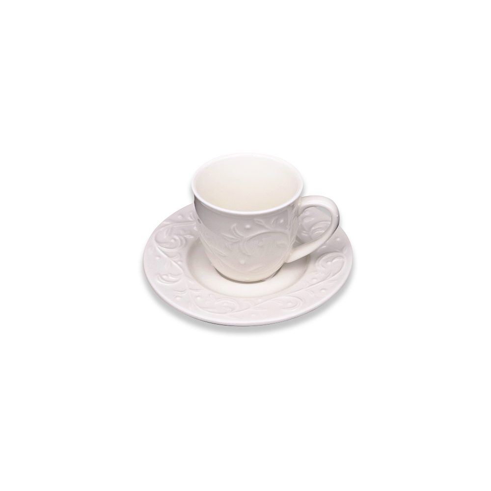 Engraved Porcelain Coffee Cup & Saucer Set - White