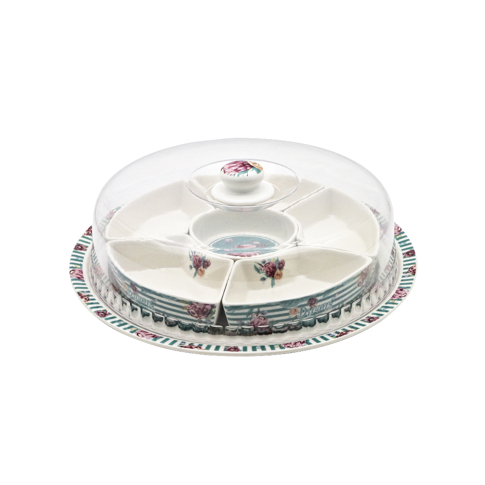 صحن مقسم للوجبات الخفيفة بغطاء بلاستيكي