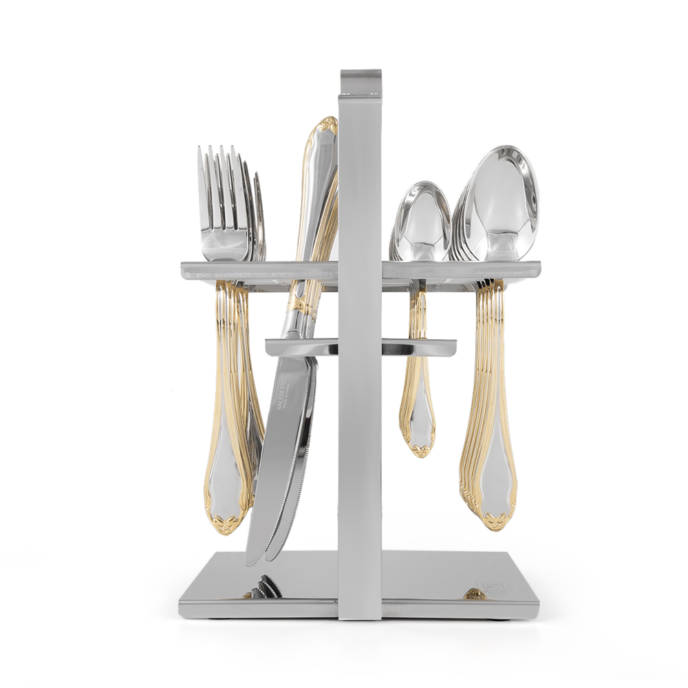 Flower Embellished Gold PVC Cutlery Set with Stand - 24pcs