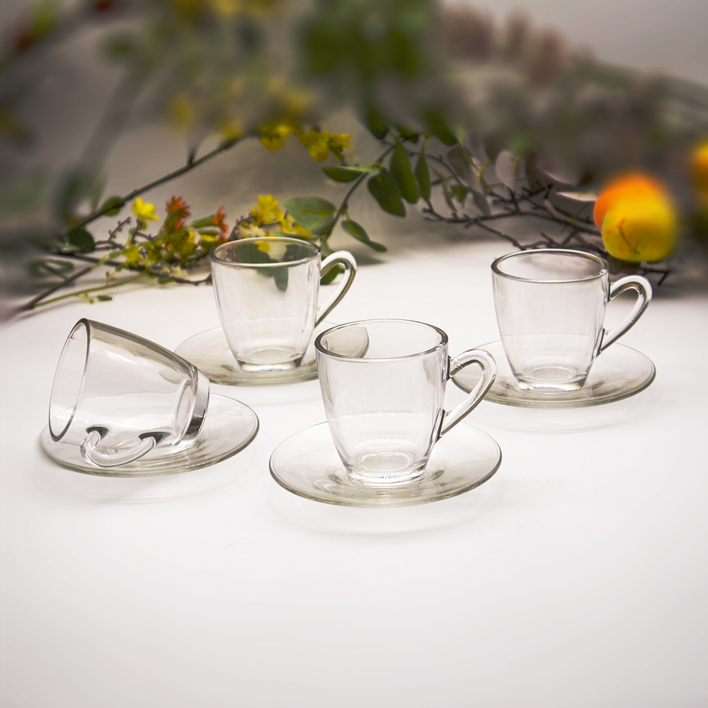 Clear Glass Domino Tea Cup With Saucers - 8pcs