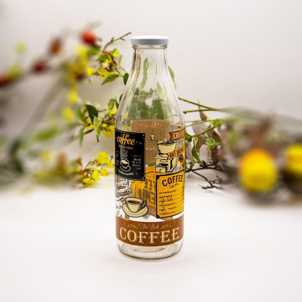Coffee Glass Milk Bottle with Lid - 1Ltr