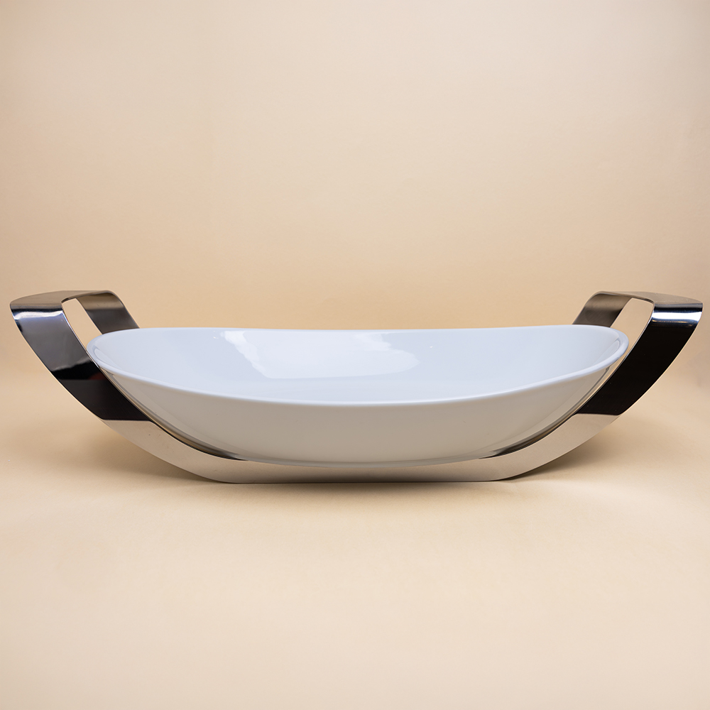 Oval Porcelain Serving Dish with Stainless Steel Holder - 35x25.5cm