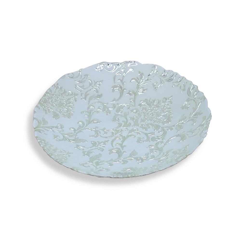 صحن تقديم فاكهة ابيض بنقوش فضي - 30 سم