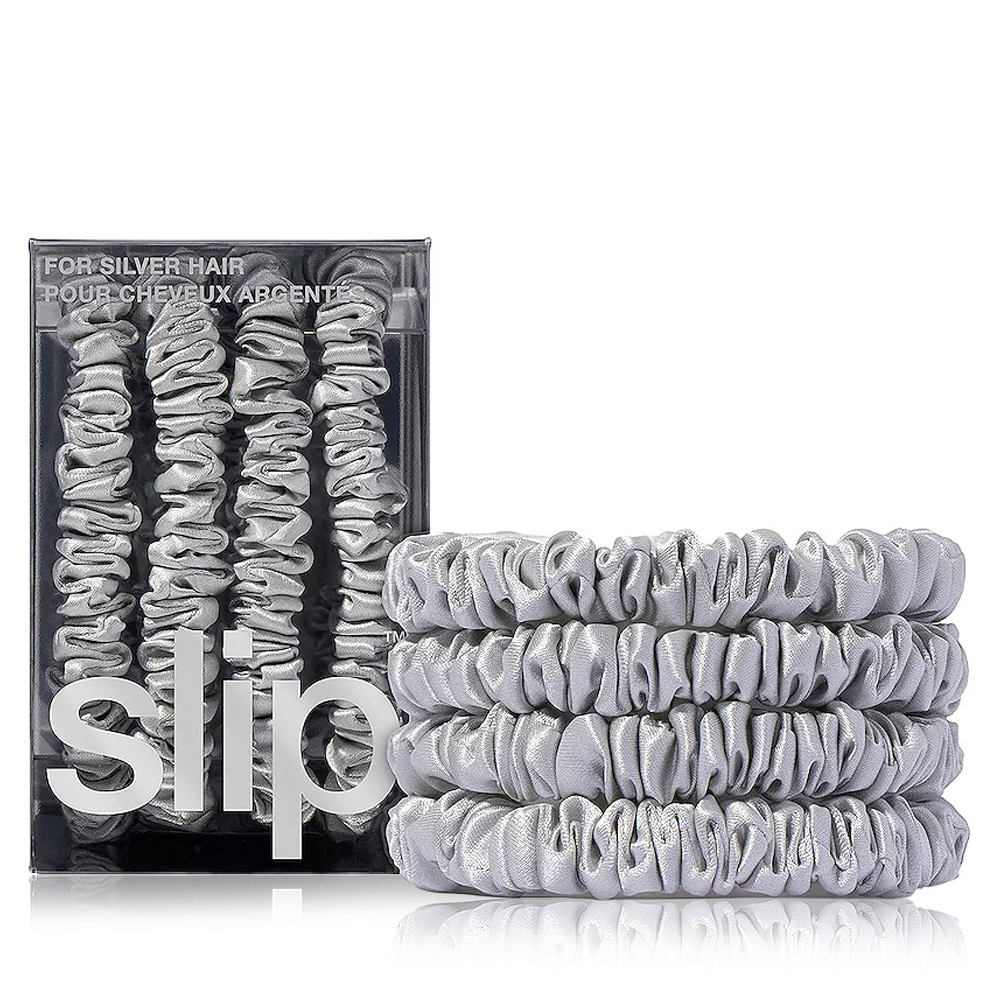 Silver Pure Silk Skinny Scrunchies - 4pcs