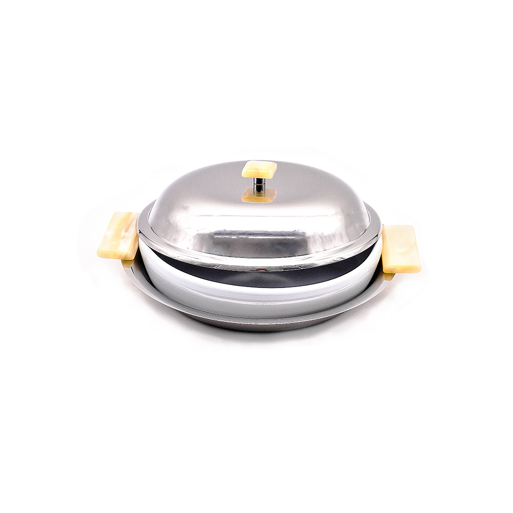 Round Serving Dish with Wooden Handles & Lid