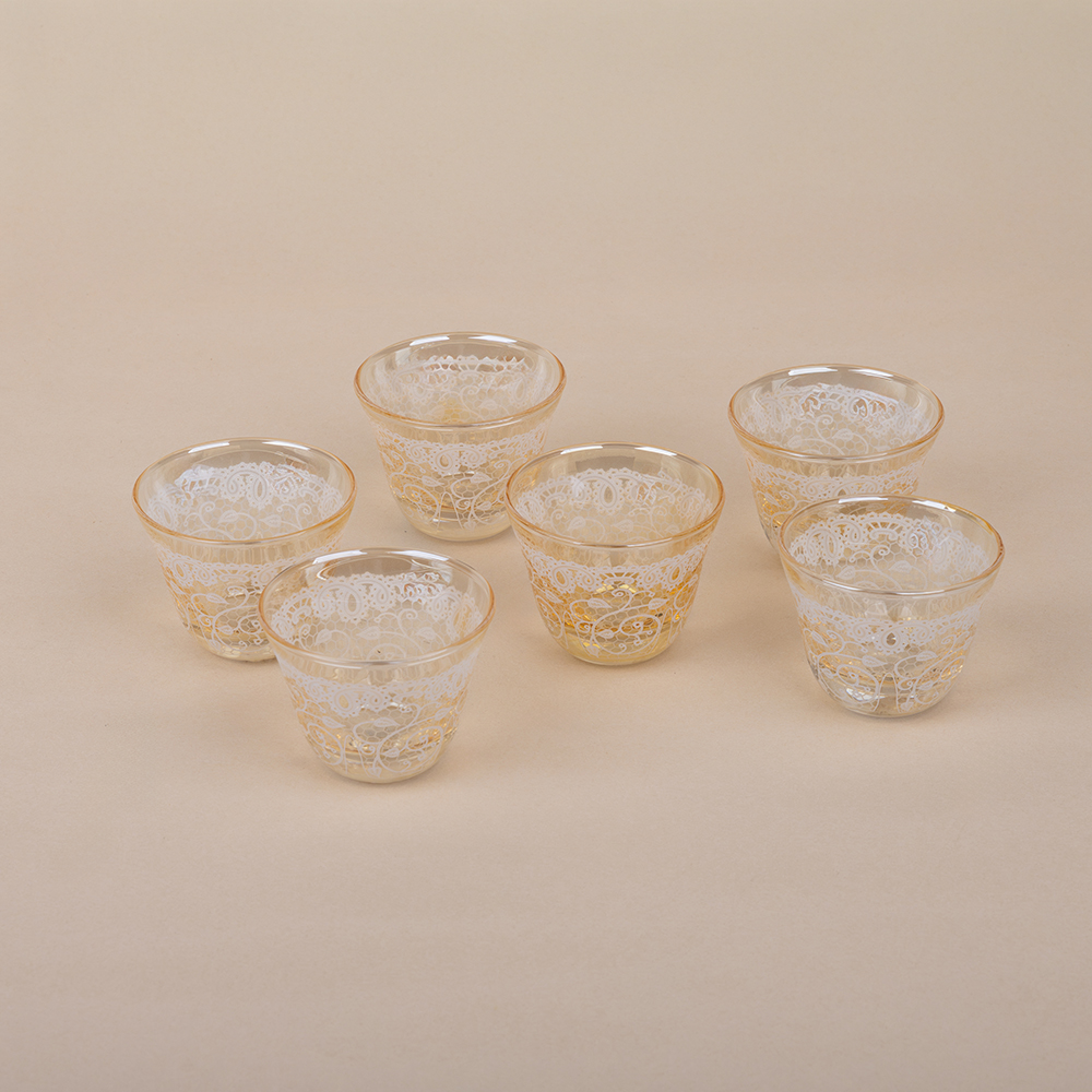 طقم قهوة عربي بنقوش دانتيل عسلي - 6 قطع