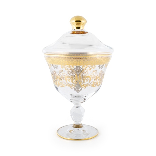 وعاء زجاجي تركي بقاعدة مزخرف بلون ذهبي وفضي