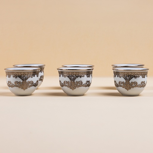 طقم فناجين قهوة عربية بورسلين بتفاصيل برونزية - 6 قطع